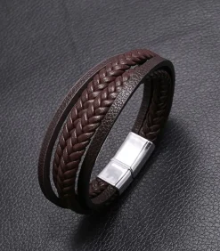 Heren Armband Leder met Dubbele Vlecht - Bruin met Zilver Kleurige Sluiting