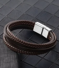 Heren Armband Leder met Dubbele Vlecht - Bruin met Zilver Kleurige Sluiting