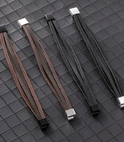 Heren Armband Leder met Dubbele Vlecht - Zwart met Zwarte Sluiting