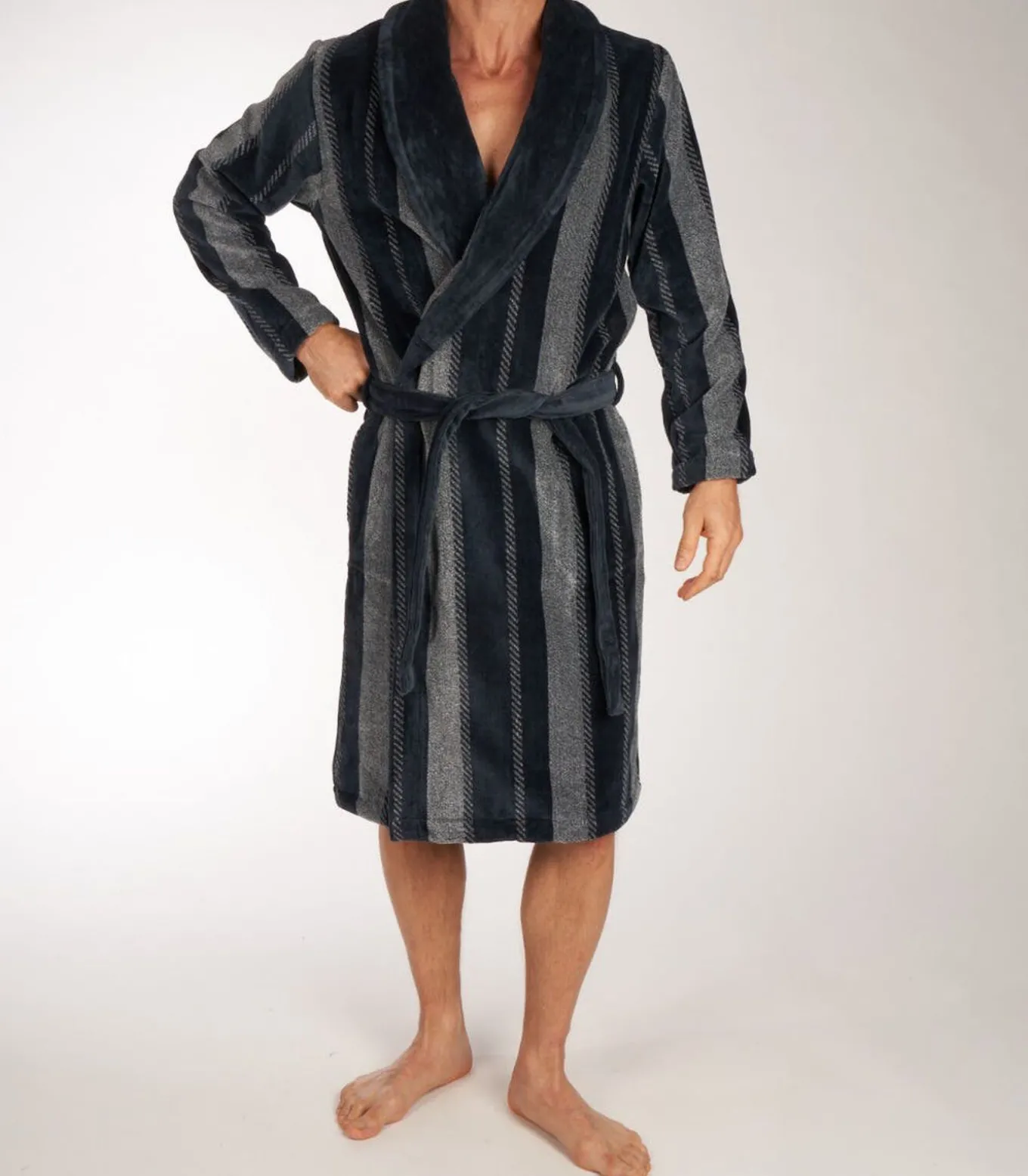 Heren badjas Velours - 115CM - Blue Stripe - Lange warme ochtendjas voor mannen