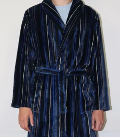 Heren Fleece Badjas - Blue Stripe - Warme winter ochtendjas