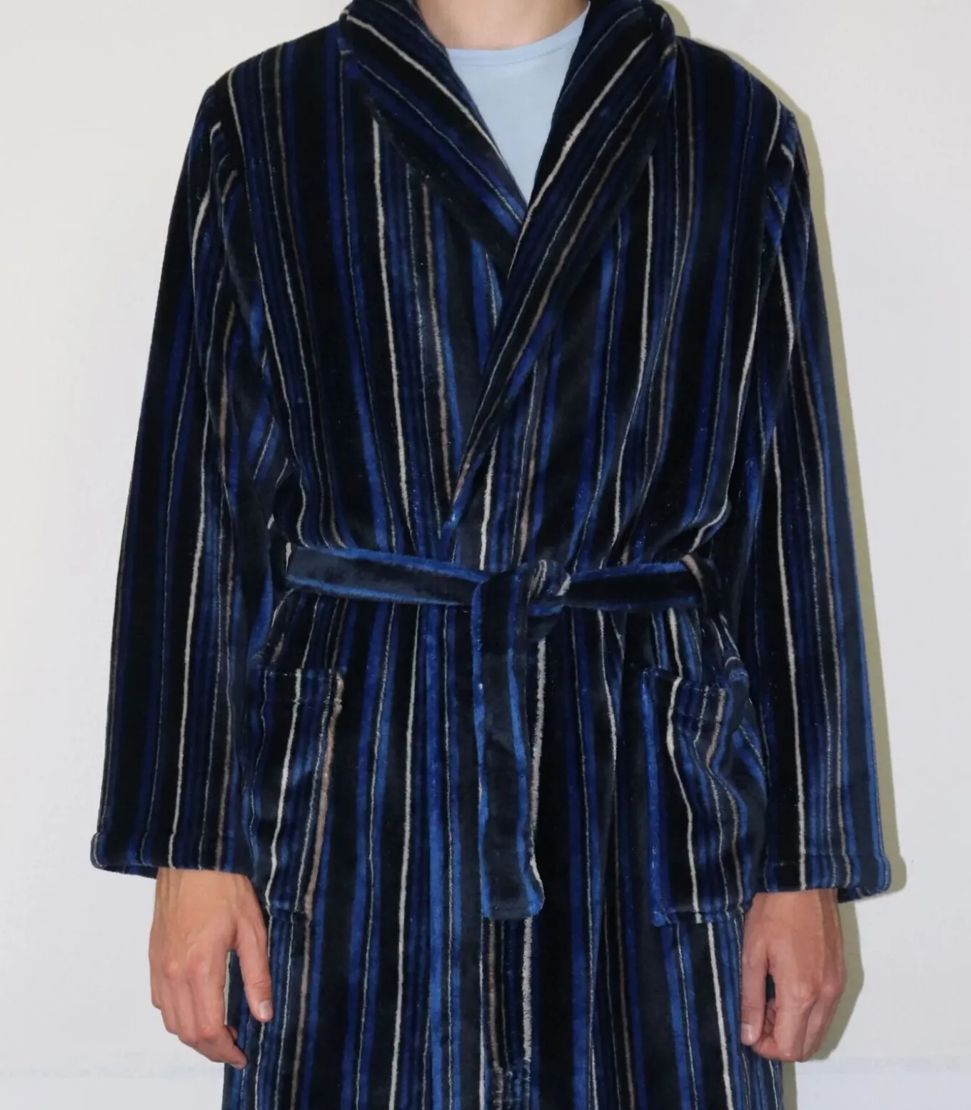 Heren Fleece Badjas - Blue Stripe - Warme winter ochtendjas