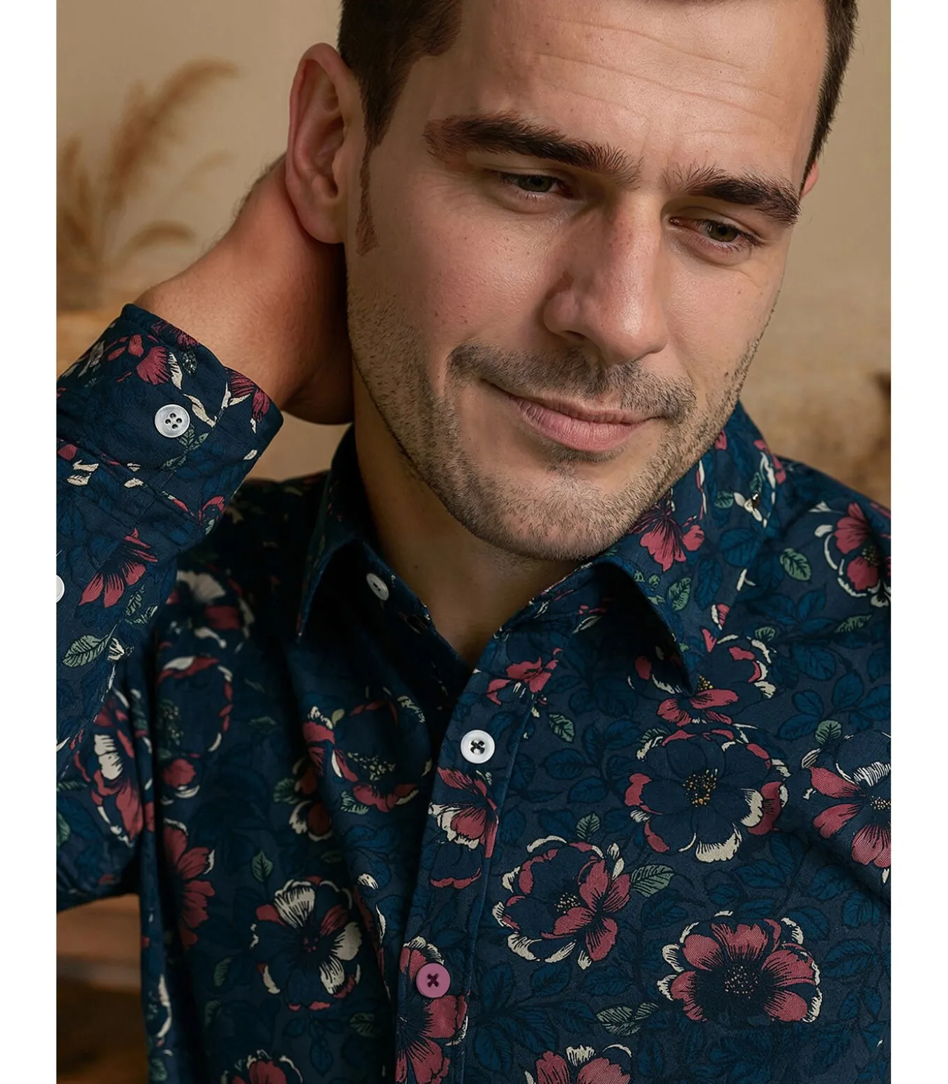 Herenblauw overhemd met plantenprint