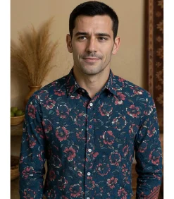Herenblauw overhemd met plantenprint