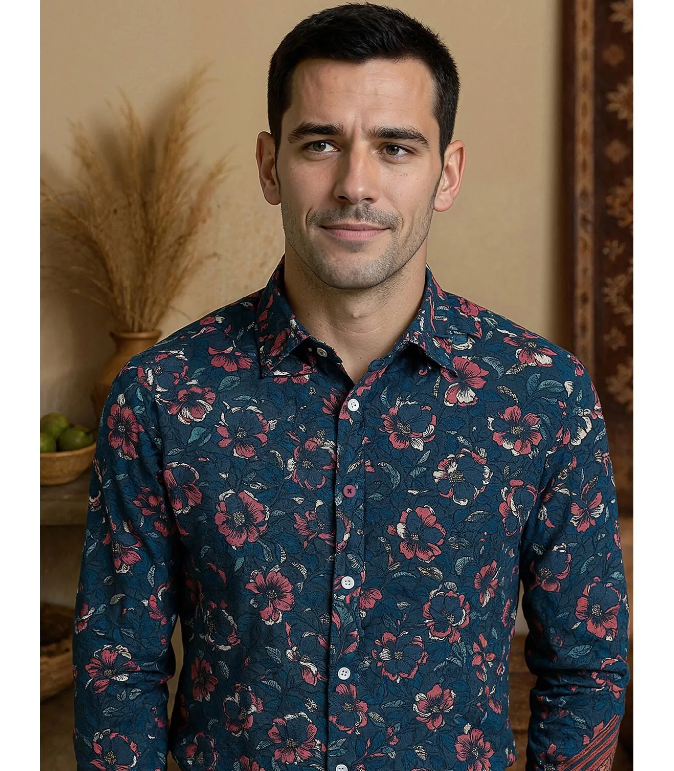 Herenblauw overhemd met plantenprint
