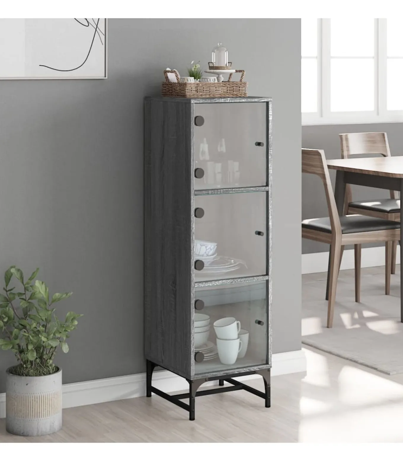 Hoge kast met glazen deuren 35x37x120 cm grijs sonoma eiken