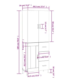 Hoge kast 69,5x34x180 cm bewerkt hout grijs sonoma eikenkleurig