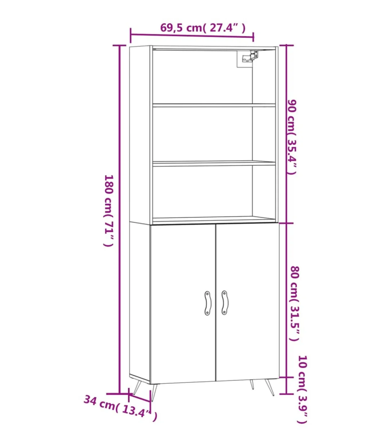 Hoge kast 69,5x34x180 cm bewerkt hout grijs sonoma eikenkleurig