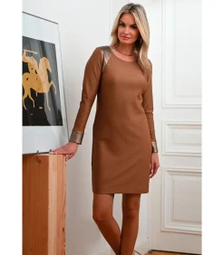 KAHLO Jurk van twee materialen in bronsbruin