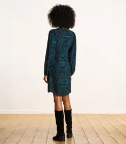 Korte jurk in blauw bedrukte Ecovero viscose