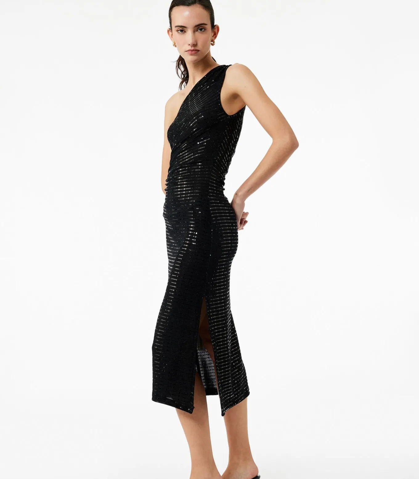 Lange Mouwloze Avondjurk Pailletten Enkele Schouder