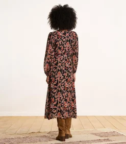 Lange zwarte en bruine jurk met ceintuur en cache-coeur print