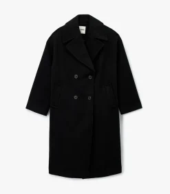 Lange Zwarte Mantel Met Knoopsluiting en Zakdetails