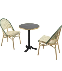 Liggende zwartmarmeren terrastafel van 60 cm en 2 groene stoelen