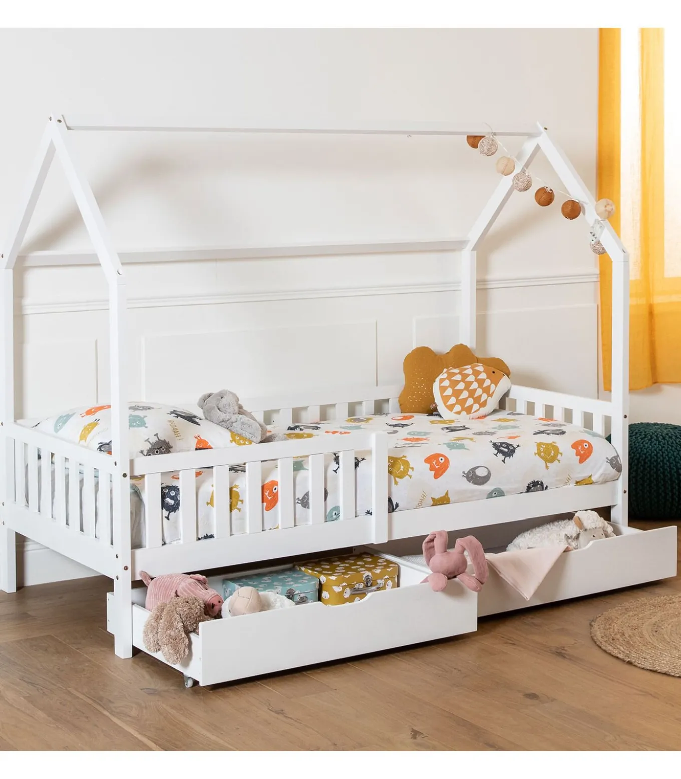 Lit cabane pour enfant 190x90cm blanc avec tiroirs MARCEAU