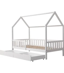 Lit cabane pour enfant 190x90cm blanc avec tiroirs MARCEAU