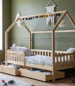 Lit cabane pour enfant 190x90cm en bois avec tiroirs MARCEAU