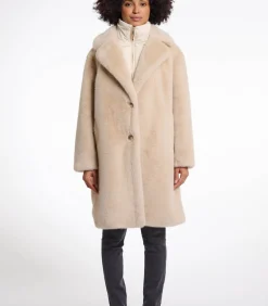 Mantel van imitatiebont met enkele borst en afneembare kraag Licht haver 36