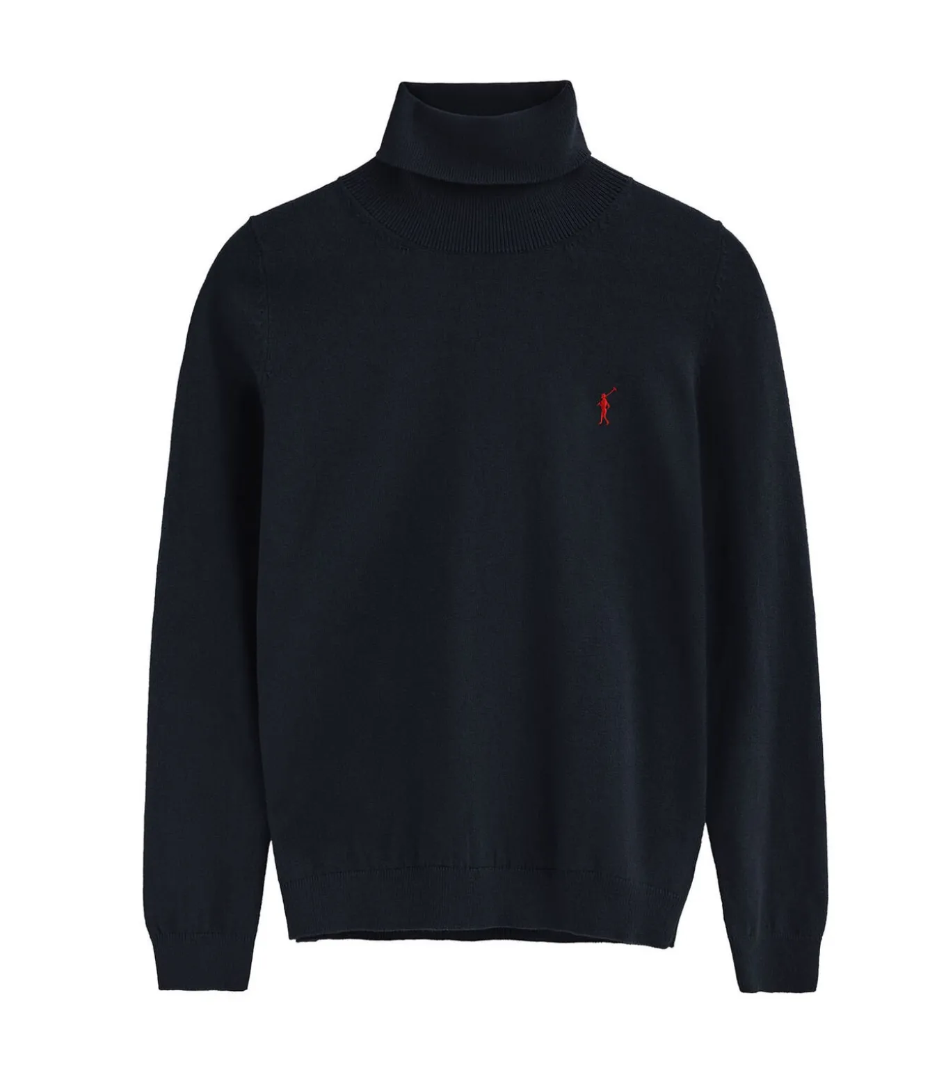 Marineblauwe coltrui van wolmix met geborduurd Rigby Go-logo