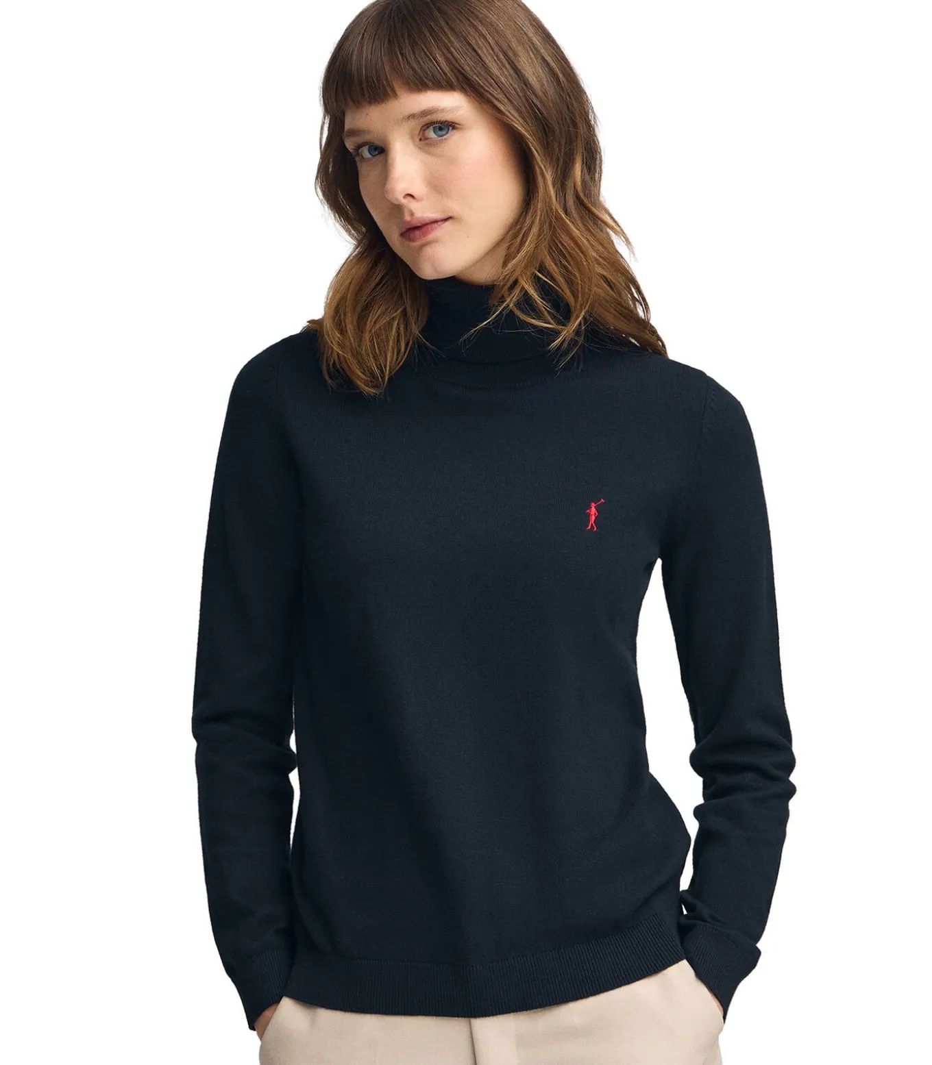 Marineblauwe coltrui van wolmix met geborduurd Rigby Go-logo