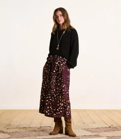 Midi rok met knopen in bordeaux met print