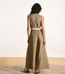 Mouwloze taupe jacquard jumpsuit