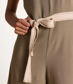 Mouwloze taupe jacquard jumpsuit