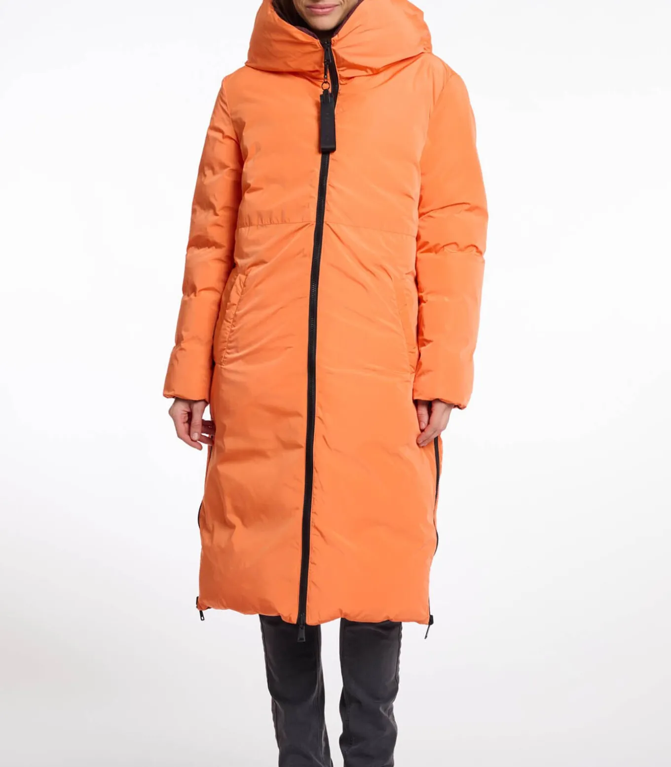 Omkeerbare lange jas met capuchon Chocoladeboon en oranje 34