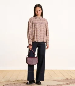 Oversized violet geruite blouse
