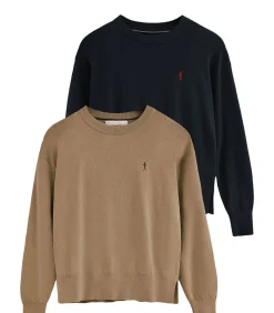 Pack van twee damestruien van wolmix in marineblauw en lichtbruin met geborduurd Rigby Go-logo