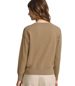 Pack van twee damestruien van wolmix in marineblauw en lichtbruin met geborduurd Rigby Go-logo