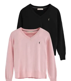 Pack van twee damestruien van wolmix in zwart en gemêleerd roze met V-hals en geborduurd Rigby Go-logo