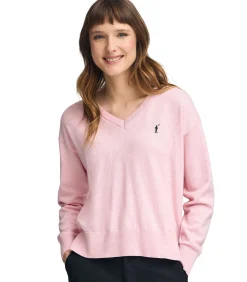 Pack van twee damestruien van wolmix in zwart en gemêleerd roze met V-hals en geborduurd Rigby Go-logo