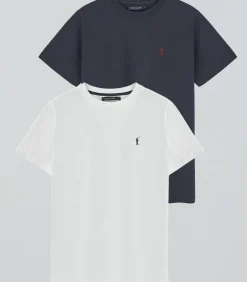 Pack van twee T-shirts voor heren in marineblauw en wit met ronde hals met geborduurd Rigby Go-logo