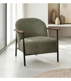 Relaxfauteuil in staal, hout en donkergroene stof