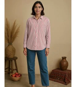 Rood en zwart gevoerde damesblouse