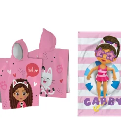 Set Badcape en Strandlaken bedrukt 100% Katoen, GABBY EN HET MAGISCHE HUIS DUO EN PINK