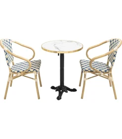 Set van wit marmeren terrastafel en 2 blauwe stoelen