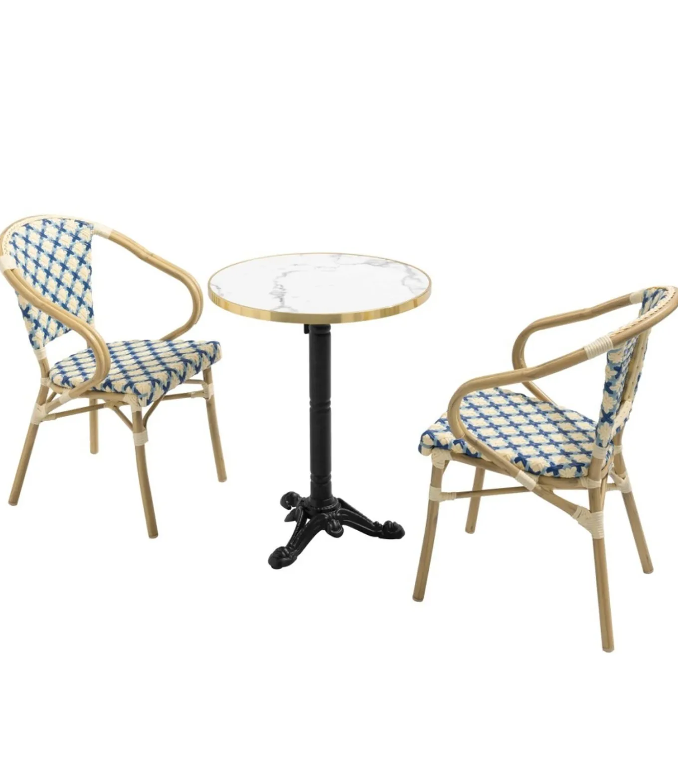 Set van wit marmeren terrastafel en 2 blauwe stoelen