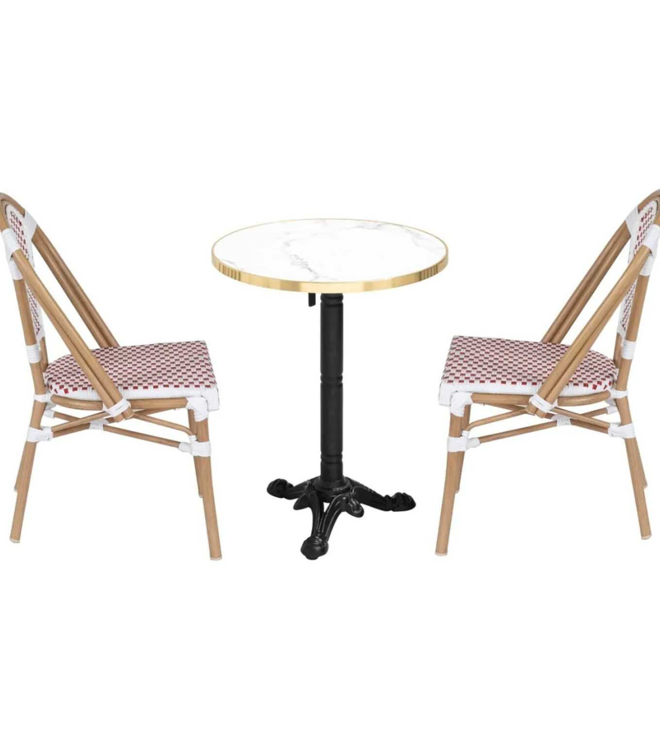 Set van wit marmeren verstelbare terrastafel en 2 rode stoelen