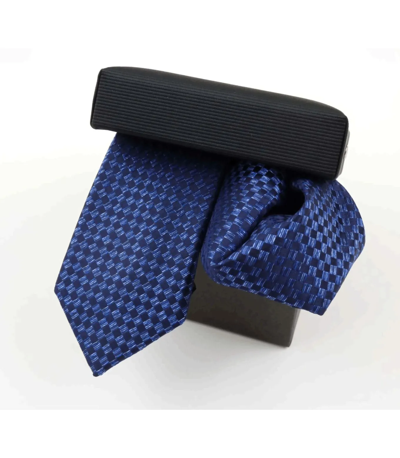 Set zijden das en pochet royalblauw geblokt