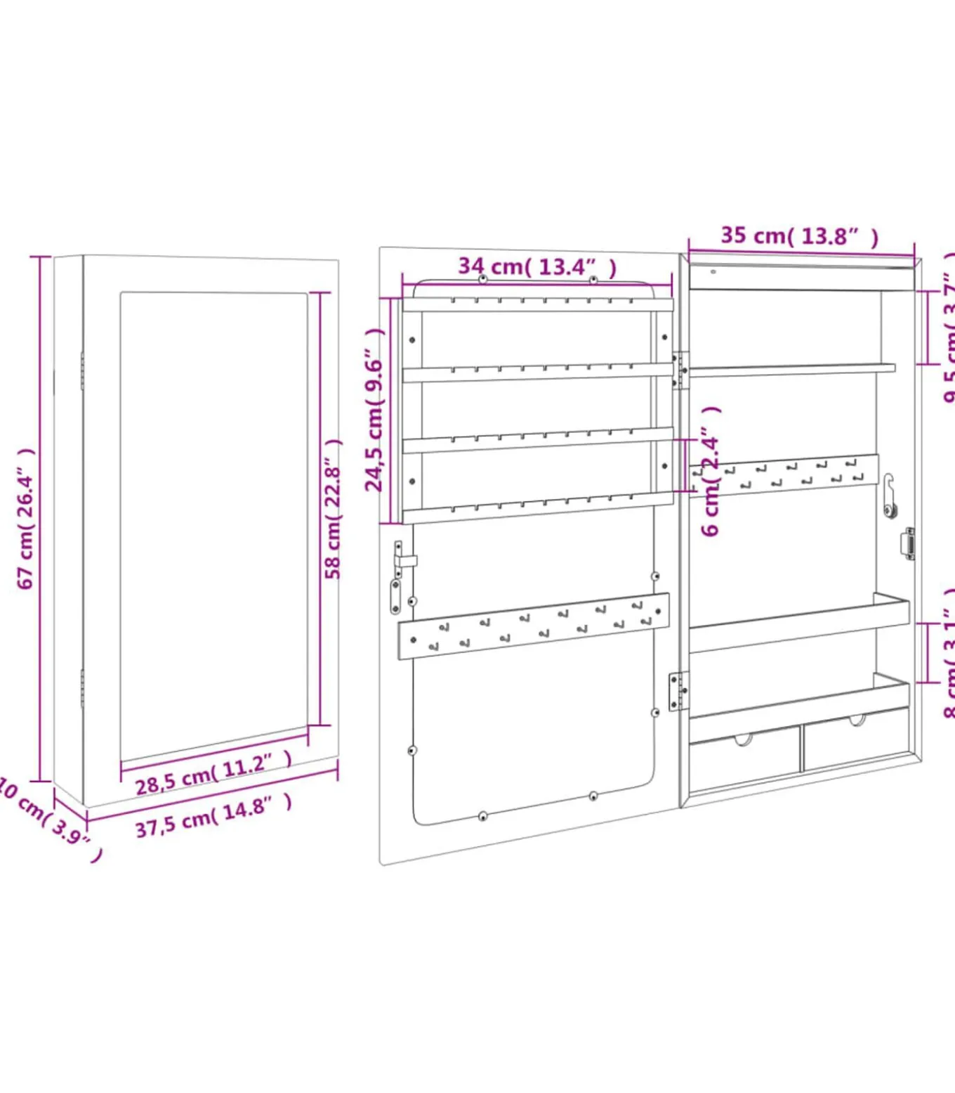 Sieradenkast met spiegel en LED wandgemonteerd