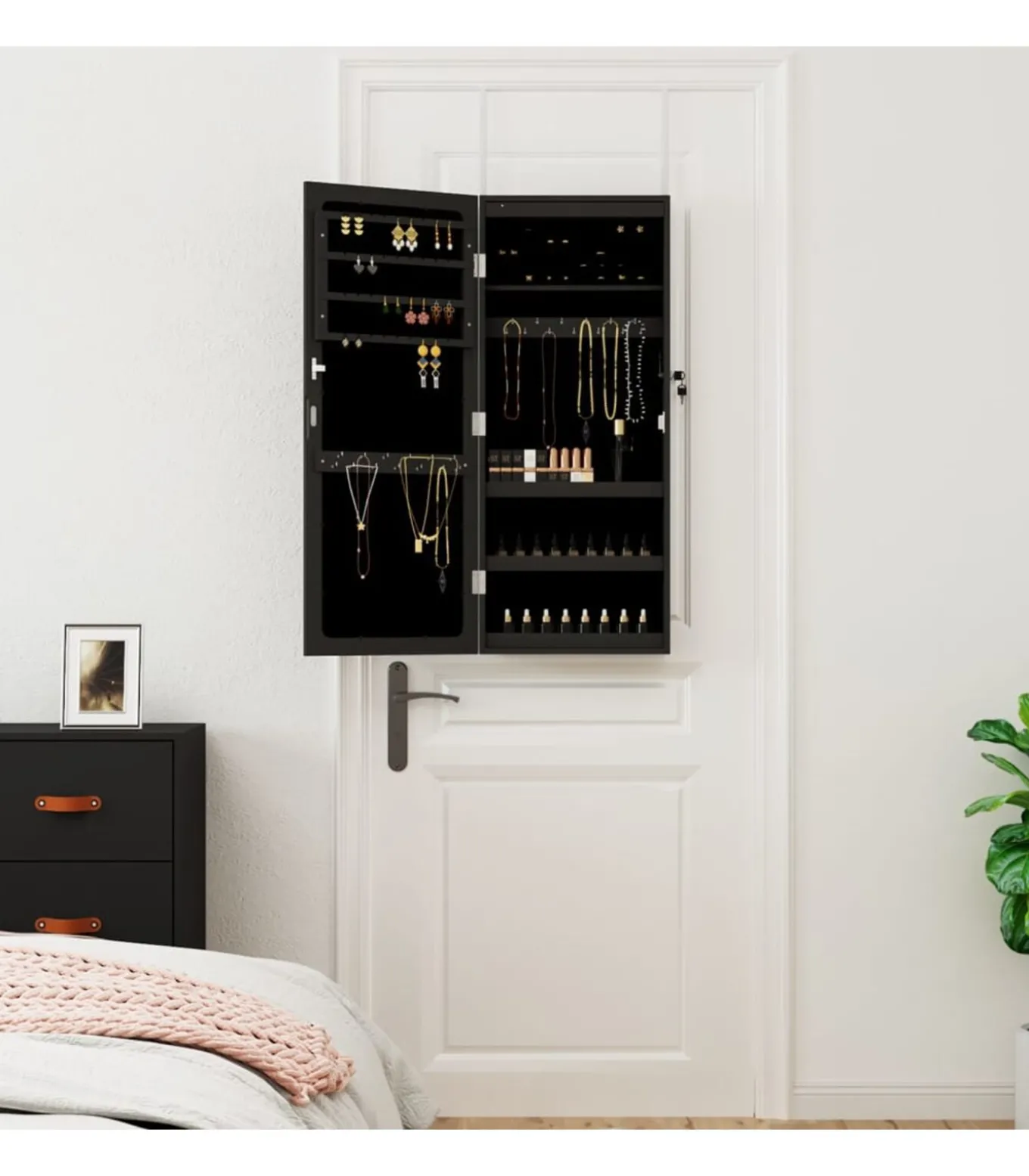 Sieradenkast met spiegel en LED wandgemonteerd zwart