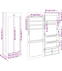 Sieradenkast met spiegel wandgemonteerd 37,5x10x90 cm wit