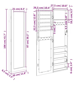 Sieradenkast met spiegel wandgemonteerd 30x8,5x106 cm wit