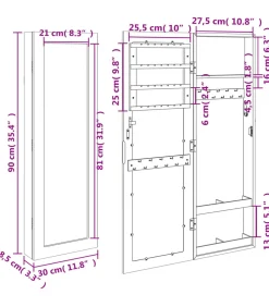 Sieradenkast met spiegel wandgemonteerd 30x8,5x90 cm wit