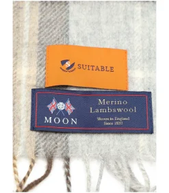 Sjaal Ruit Merino Wol Beige Blauw