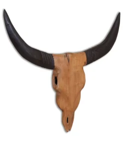 Stierenbeeld wandgemonteerd 69x6x60 cm teakhout