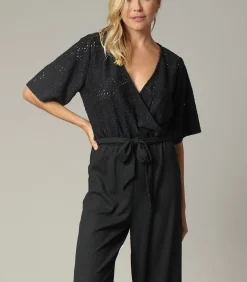 TAYLA - Zwarte crossover-jumpsuit voor dames met mooie mesh