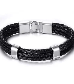 Tripe Armband Heren - Zwart Leer - Stalen Accenten